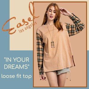 EASEL Size S-L Loose Fit Mineral Wash Flannel Top Long Sleeves in Flannel Plaid